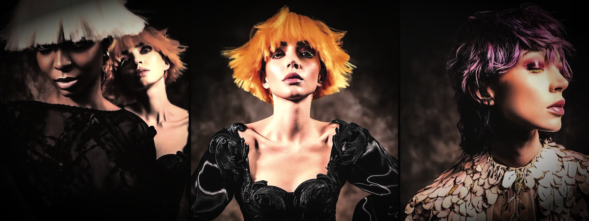 Three editorial hair looks side by side: a sculptural white wig with a second orange-haired model, a vibrant orange textured style, and a profile with purple and magenta hair