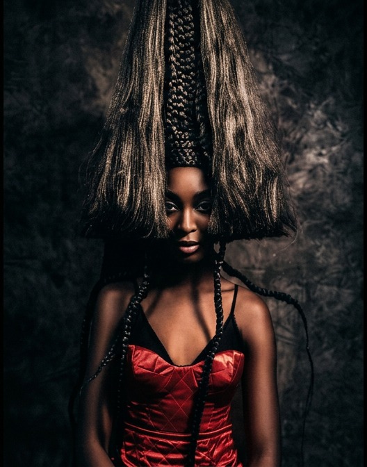 Sculptural braided hair structure photographed against a dark background
