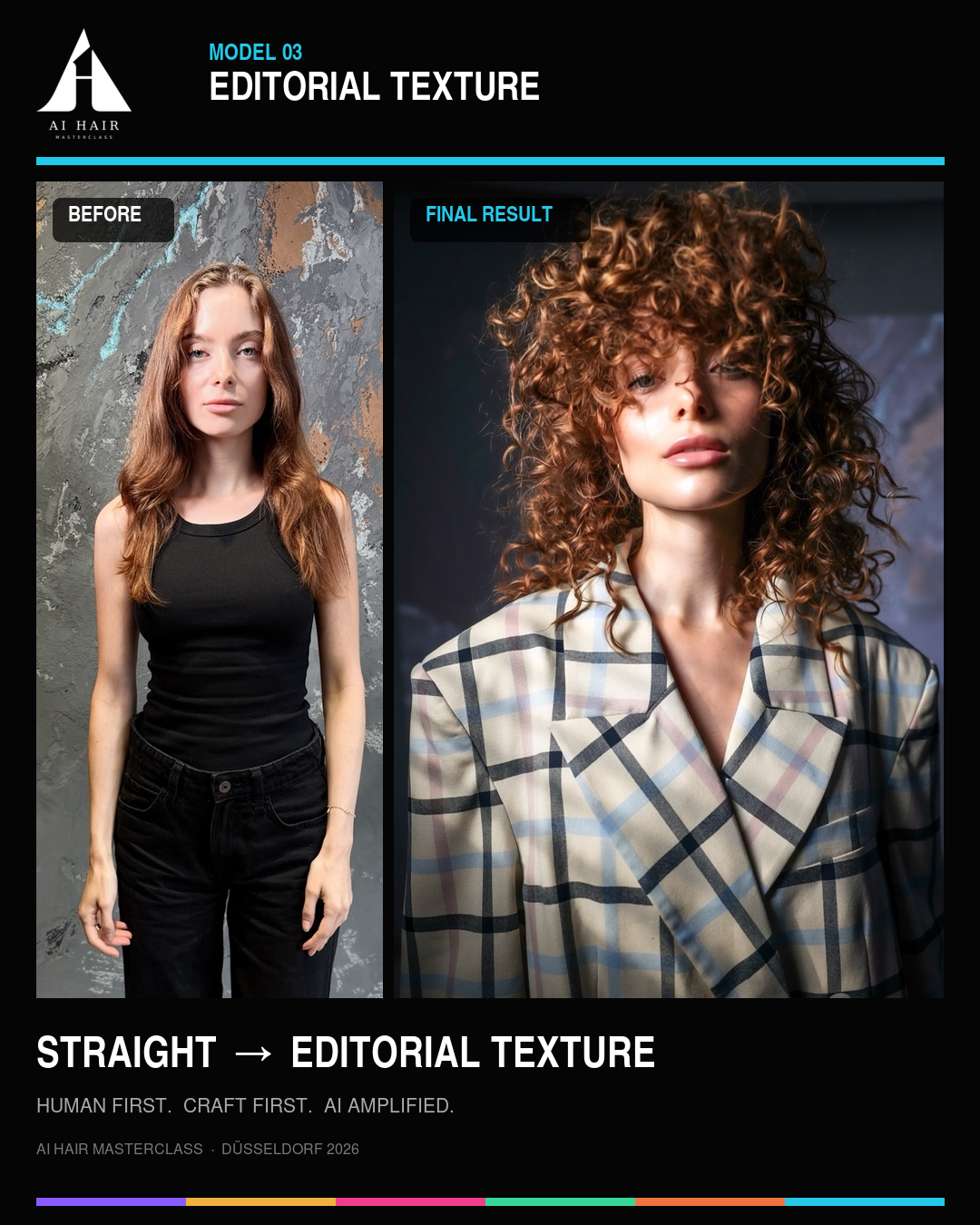 Branded Model 03 before and after result, from straight hair to editorial texture