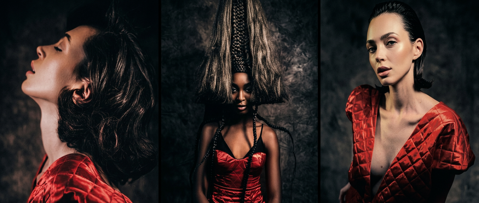 Three editorial hair looks side by side: a wavy profile, a sculptural braided structure and a slicked wet-look style