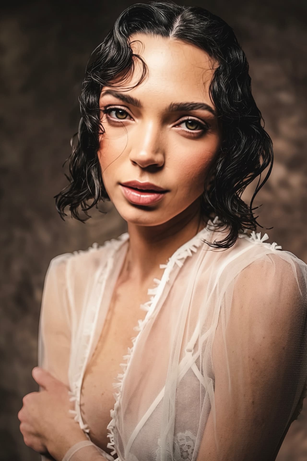 Wet-look editorial hair styled close to the head